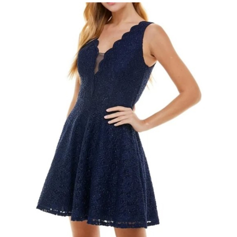 City Studio Junior Womens Blue Vneck Glitter Lace Cocktail Dress SIZE 7